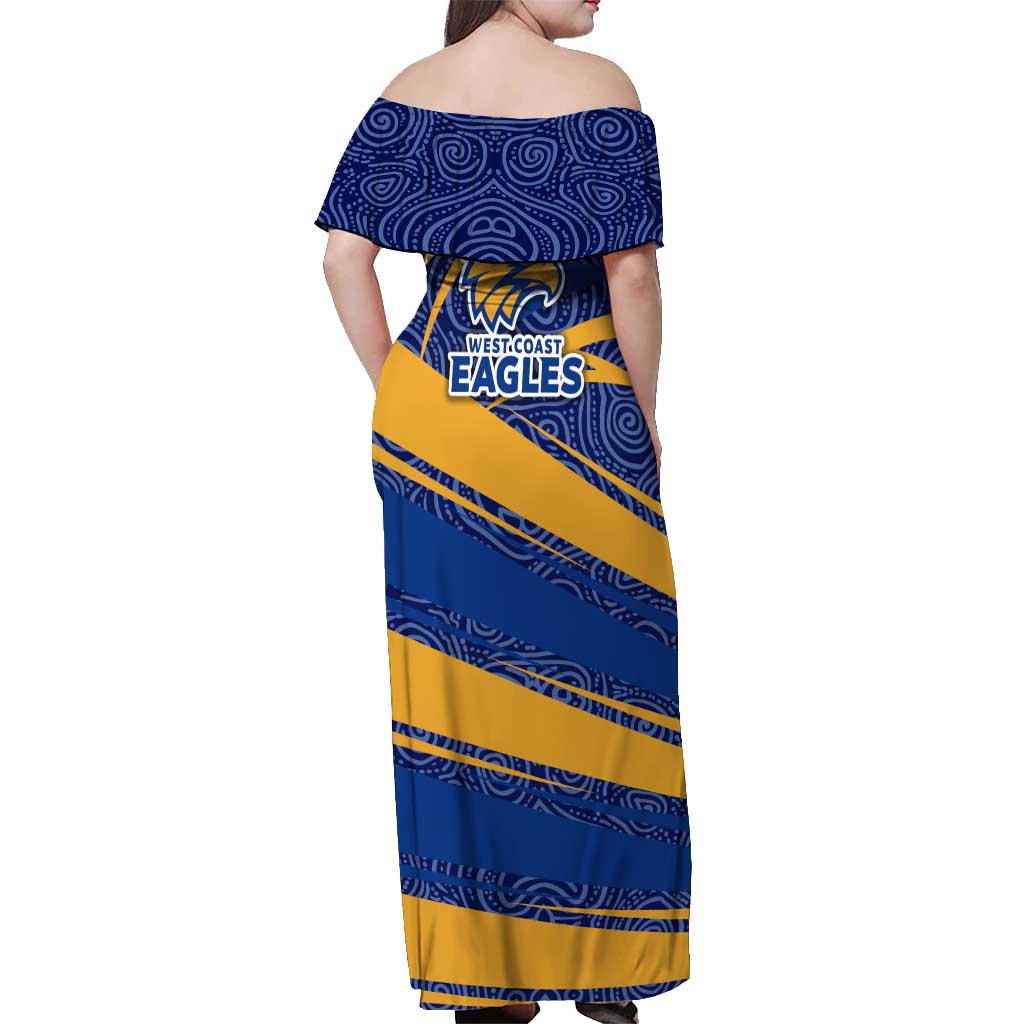West Coast Eagles Australian Football Off Shoulder Maxi Dress Fierce Eagle Mascot With Indigenous Pattern Art