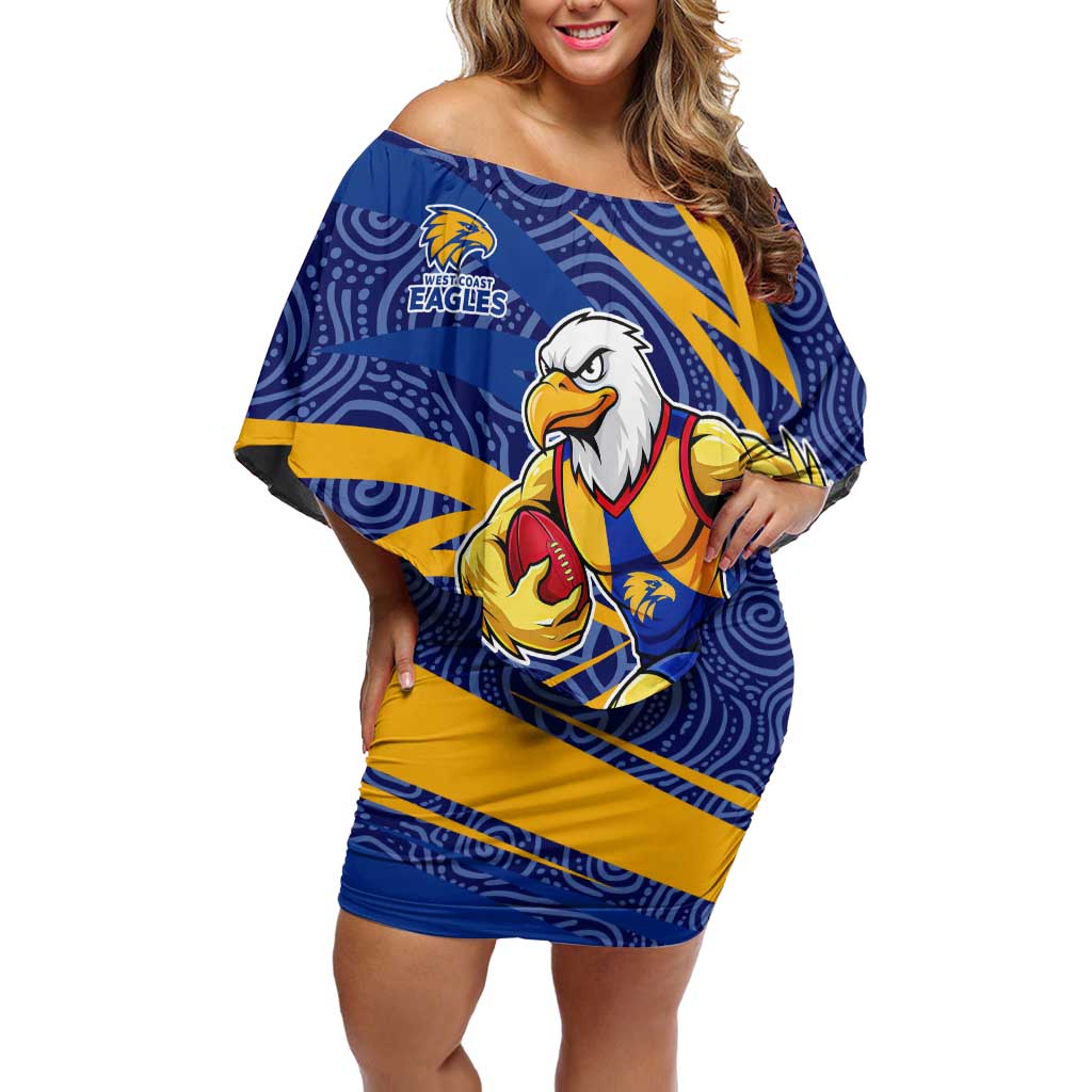 West Coast Eagles Australian Football Off Shoulder Short Dress Fierce Eagle Mascot With Indigenous Pattern Art