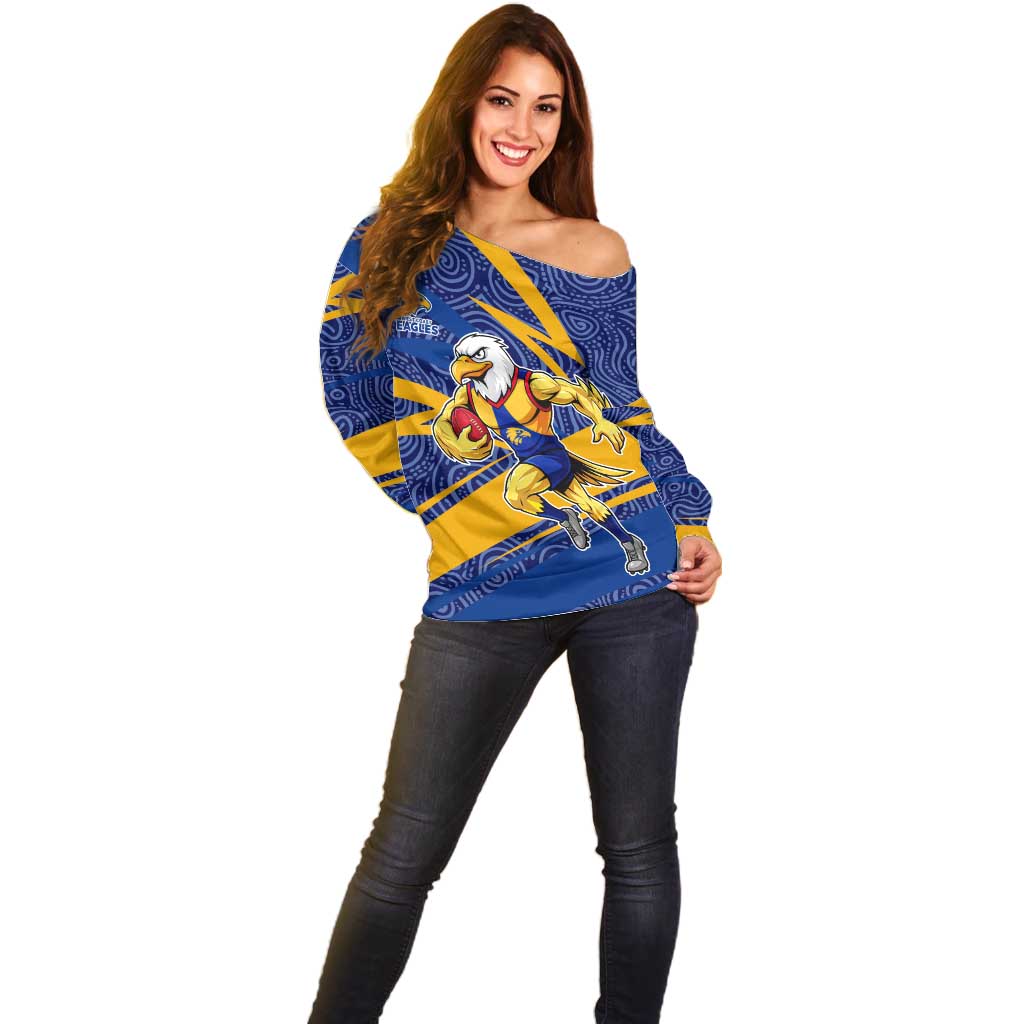 West Coast Eagles Australian Football Off Shoulder Sweater Fierce Eagle Mascot With Indigenous Pattern Art