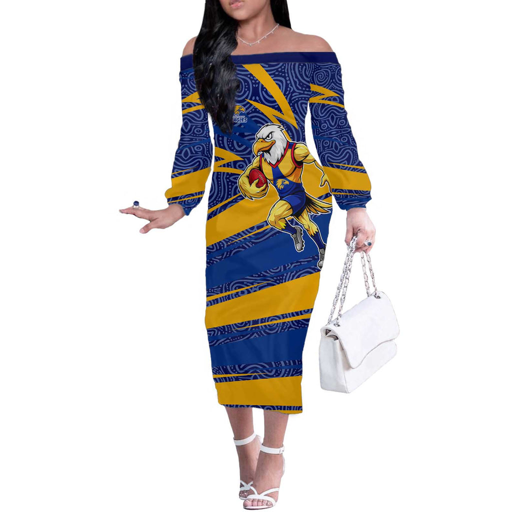 West Coast Eagles Australian Football Off The Shoulder Long Sleeve Dress Fierce Eagle Mascot With Indigenous Pattern Art