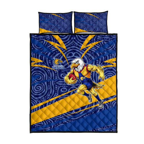 West Coast Eagles Australian Football Quilt Bed Set Fierce Eagle Mascot With Indigenous Pattern Art
