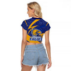 West Coast Eagles Australian Football Raglan Cropped T Shirt Fierce Eagle Mascot With Indigenous Pattern Art