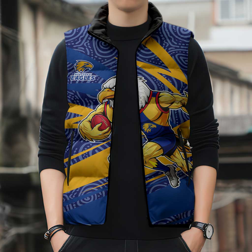 West Coast Eagles Australian Football Sleeveless Puffer Jacket Fierce Eagle Mascot With Indigenous Pattern Art