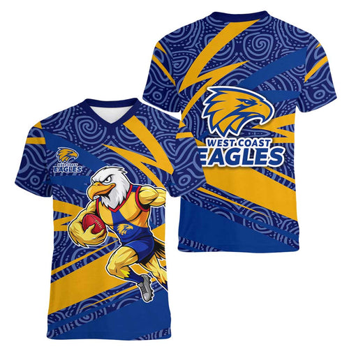West Coast Eagles Australian Football Women V-Neck T-Shirt Fierce Eagle Mascot With Indigenous Pattern Art
