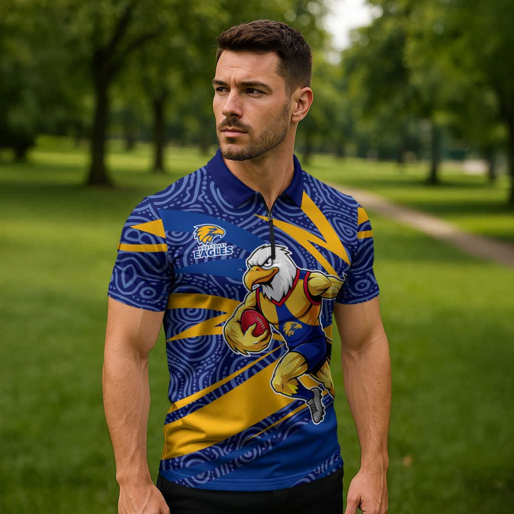 West Coast Eagles Australian Football Zipper Polo Shirt Fierce Eagle Mascot With Indigenous Pattern Art