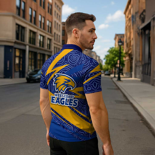 West Coast Eagles Australian Football Zipper Polo Shirt Fierce Eagle Mascot With Indigenous Pattern Art