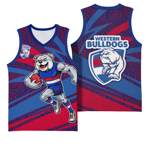 Western Bulldogs Australian Football Basketball Jersey Tough Bulldog Mascot Art With Indigenous Pattern Art