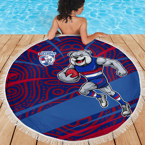 Western Bulldogs Australian Football Beach Blanket Tough Bulldog Mascot Art With Indigenous Pattern Art