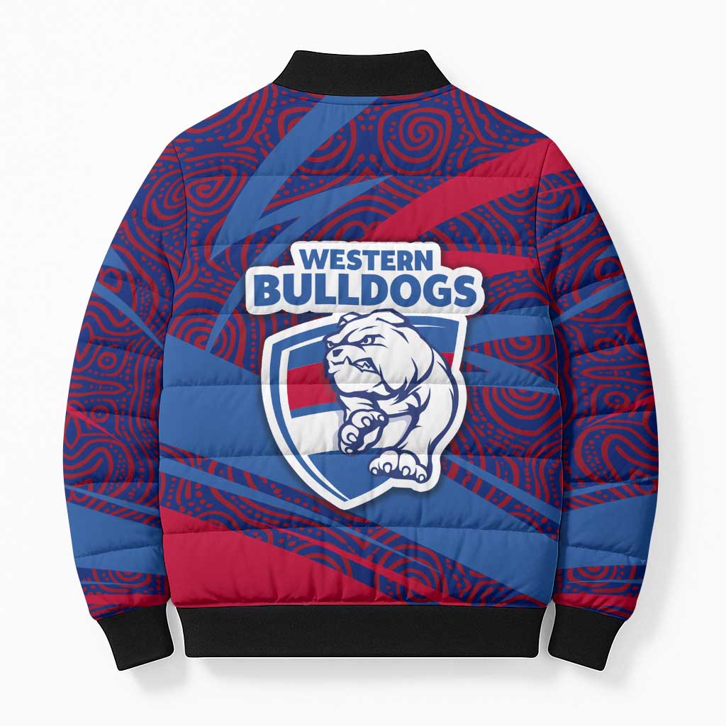 Western Bulldogs Australian Football Bomber Puffer Jacket Tough Bulldog Mascot Art With Indigenous Pattern Art