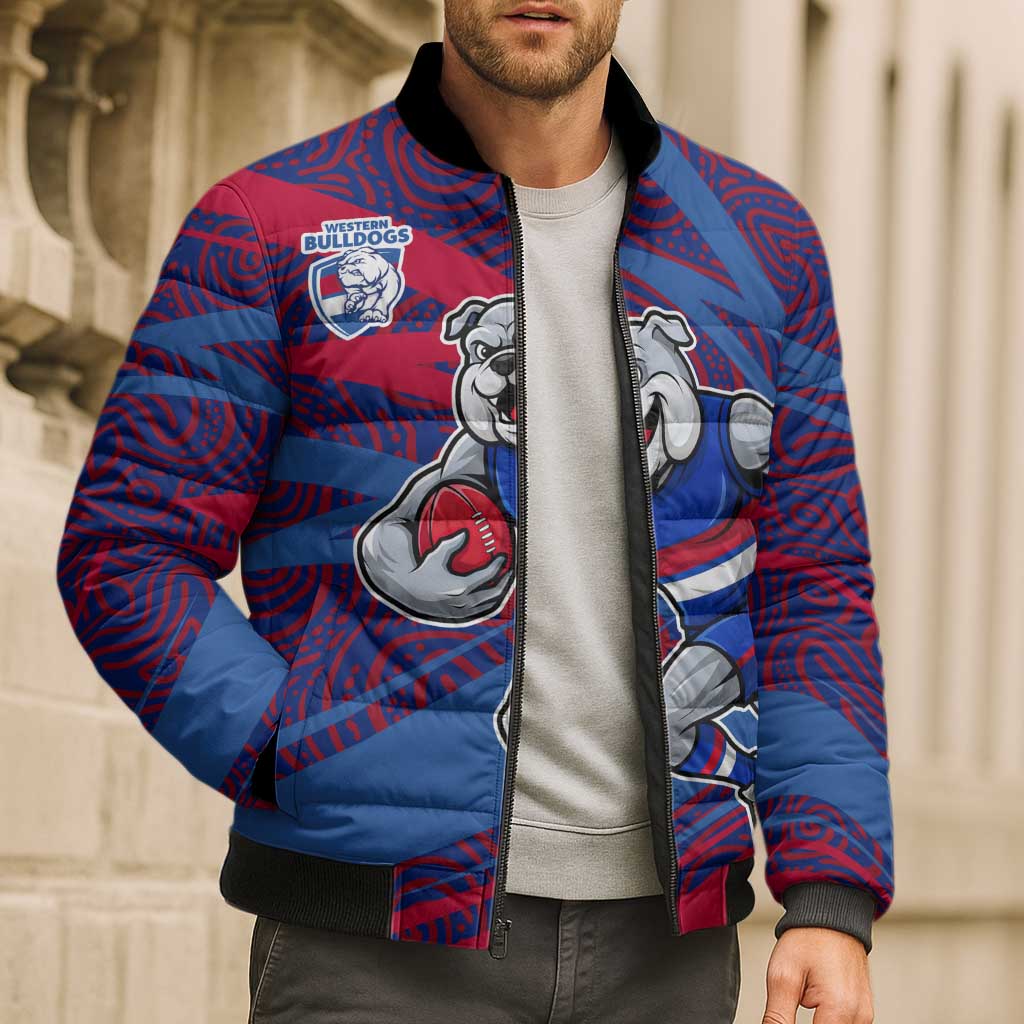 Western Bulldogs Australian Football Bomber Puffer Jacket Tough Bulldog Mascot Art With Indigenous Pattern Art