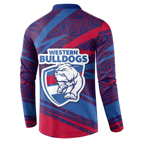 Western Bulldogs Australian Football Button Sweatshirt Tough Bulldog Mascot Art With Indigenous Pattern Art