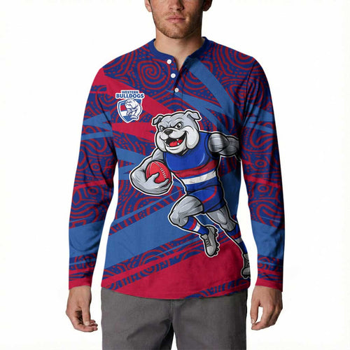Western Bulldogs Australian Football Button Sweatshirt Tough Bulldog Mascot Art With Indigenous Pattern Art