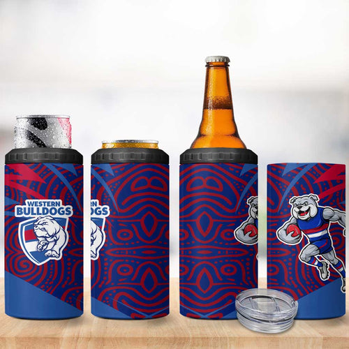 Western Bulldogs Australian Football 4 in 1 Can Cooler Tumbler Tough Bulldog Mascot Art With Indigenous Pattern Art