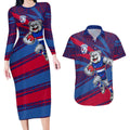 Western Bulldogs Australian Football Couples Matching Long Sleeve Bodycon Dress and Hawaiian Shirt Tough Bulldog Mascot Art With Indigenous Pattern Art