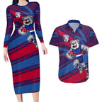 Western Bulldogs Australian Football Couples Matching Long Sleeve Bodycon Dress and Hawaiian Shirt Tough Bulldog Mascot Art With Indigenous Pattern Art