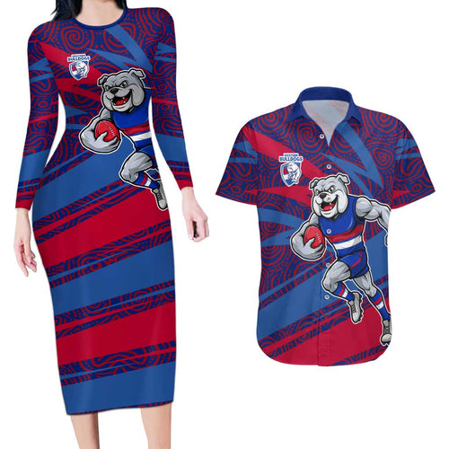 Western Bulldogs Australian Football Couples Matching Long Sleeve Bodycon Dress and Hawaiian Shirt Tough Bulldog Mascot Art With Indigenous Pattern Art