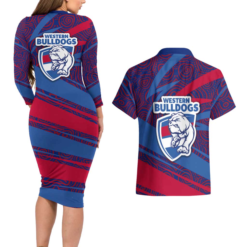 Western Bulldogs Australian Football Couples Matching Long Sleeve Bodycon Dress and Hawaiian Shirt Tough Bulldog Mascot Art With Indigenous Pattern Art
