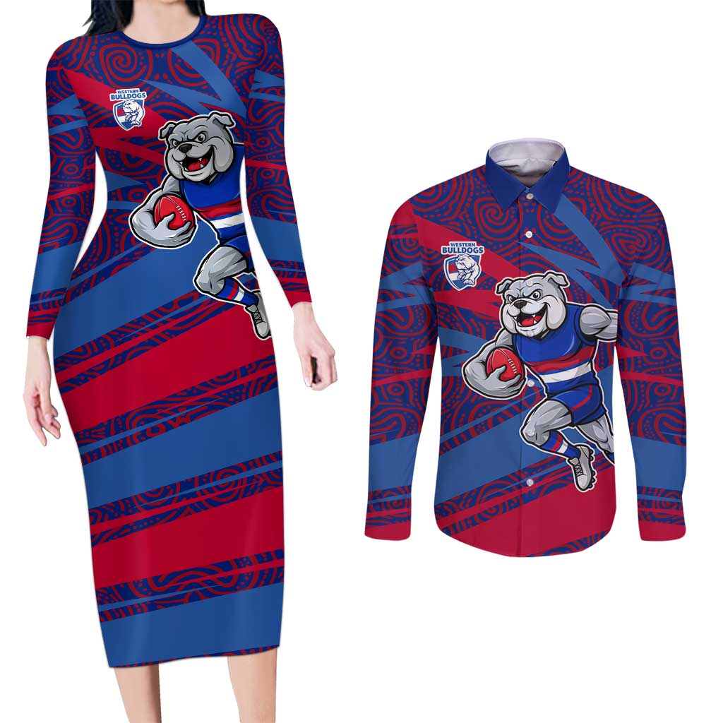 Western Bulldogs Australian Football Couples Matching Long Sleeve Bodycon Dress and Long Sleeve Button Shirt Tough Bulldog Mascot Art With Indigenous Pattern Art