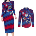 Western Bulldogs Australian Football Couples Matching Long Sleeve Bodycon Dress and Long Sleeve Button Shirt Tough Bulldog Mascot Art With Indigenous Pattern Art