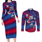 Western Bulldogs Australian Football Couples Matching Long Sleeve Bodycon Dress and Long Sleeve Button Shirt Tough Bulldog Mascot Art With Indigenous Pattern Art
