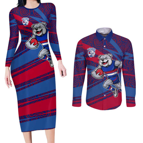 Western Bulldogs Australian Football Couples Matching Long Sleeve Bodycon Dress and Long Sleeve Button Shirt Tough Bulldog Mascot Art With Indigenous Pattern Art
