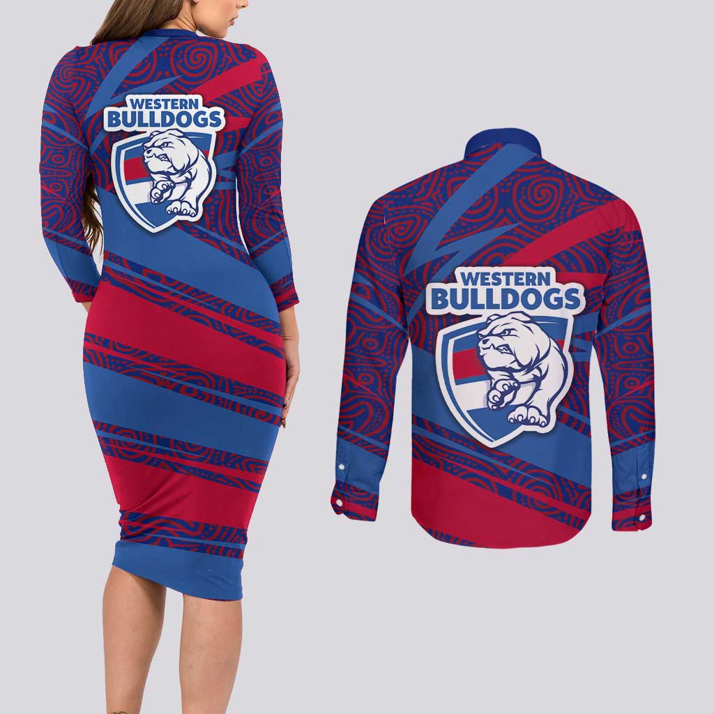 Western Bulldogs Australian Football Couples Matching Long Sleeve Bodycon Dress and Long Sleeve Button Shirt Tough Bulldog Mascot Art With Indigenous Pattern Art