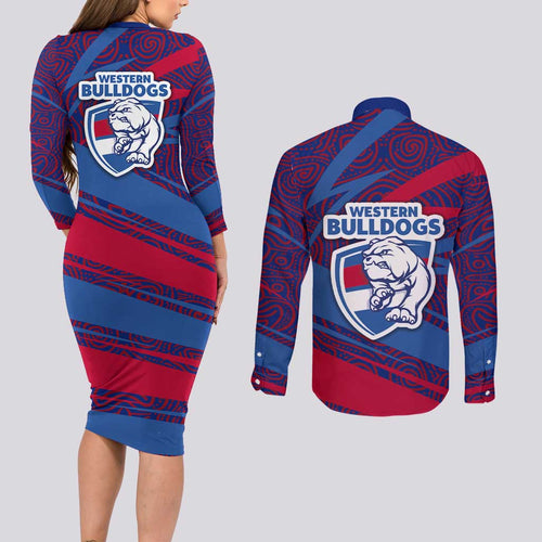 Western Bulldogs Australian Football Couples Matching Long Sleeve Bodycon Dress and Long Sleeve Button Shirt Tough Bulldog Mascot Art With Indigenous Pattern Art