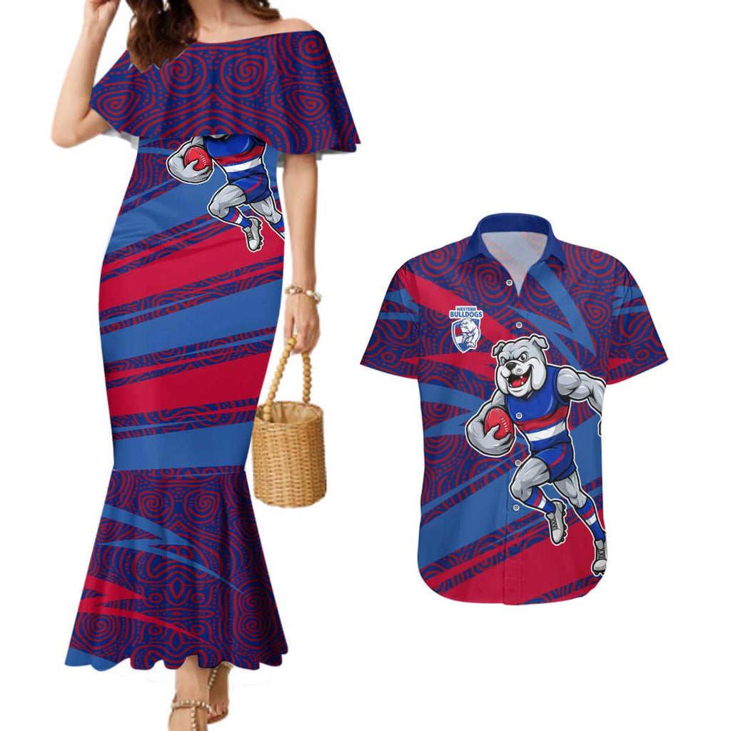 Western Bulldogs Australian Football Couples Matching Mermaid Dress and Hawaiian Shirt Tough Bulldog Mascot Art With Indigenous Pattern Art