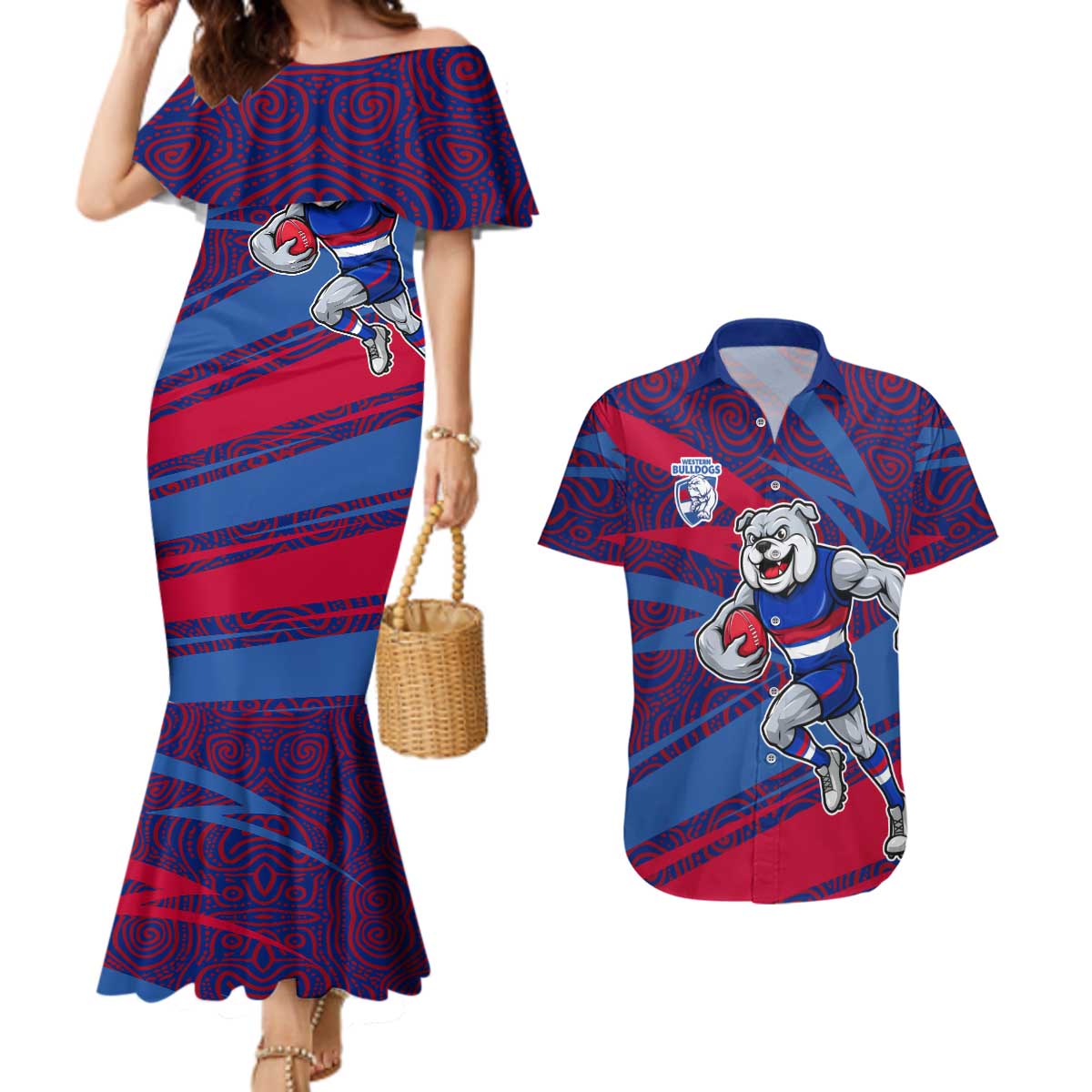 Western Bulldogs Australian Football Couples Matching Mermaid Dress and Hawaiian Shirt Tough Bulldog Mascot Art With Indigenous Pattern Art