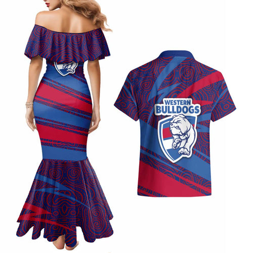 Western Bulldogs Australian Football Couples Matching Mermaid Dress and Hawaiian Shirt Tough Bulldog Mascot Art With Indigenous Pattern Art