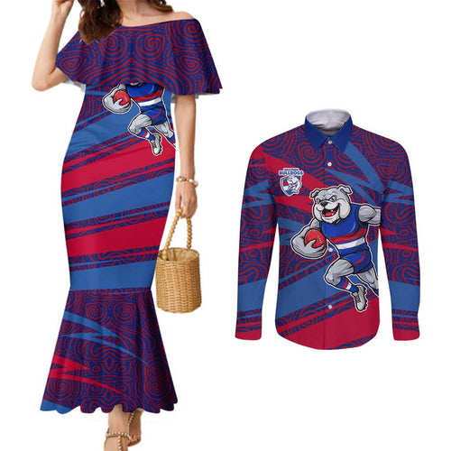 Western Bulldogs Australian Football Couples Matching Mermaid Dress and Long Sleeve Button Shirt Tough Bulldog Mascot Art With Indigenous Pattern Art