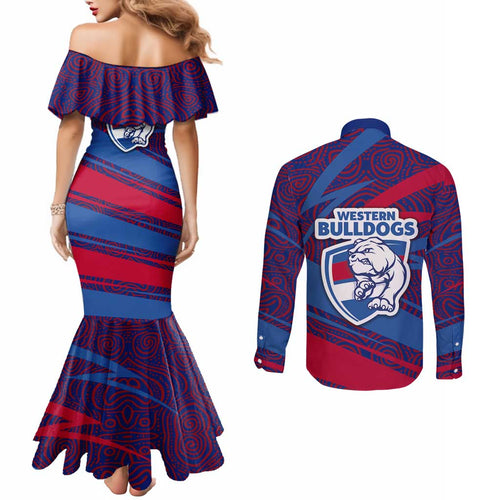 Western Bulldogs Australian Football Couples Matching Mermaid Dress and Long Sleeve Button Shirt Tough Bulldog Mascot Art With Indigenous Pattern Art