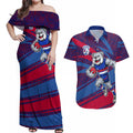 Western Bulldogs Australian Football Couples Matching Off Shoulder Maxi Dress and Hawaiian Shirt Tough Bulldog Mascot Art With Indigenous Pattern Art