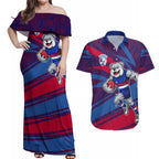Western Bulldogs Australian Football Couples Matching Off Shoulder Maxi Dress and Hawaiian Shirt Tough Bulldog Mascot Art With Indigenous Pattern Art