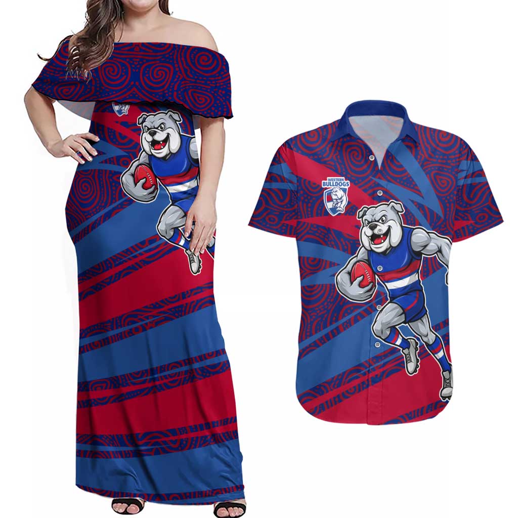 Western Bulldogs Australian Football Couples Matching Off Shoulder Maxi Dress and Hawaiian Shirt Tough Bulldog Mascot Art With Indigenous Pattern Art