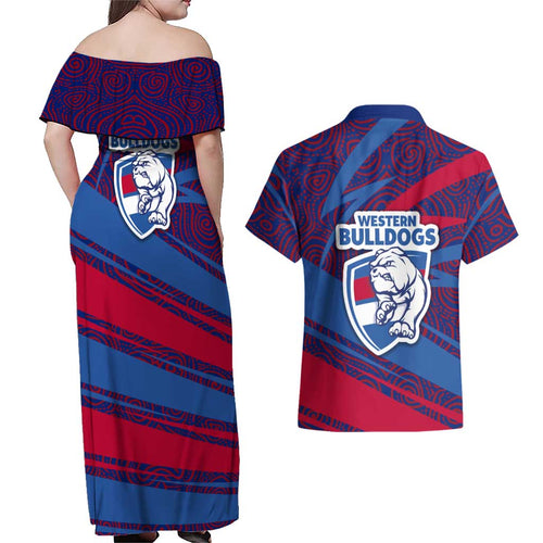 Western Bulldogs Australian Football Couples Matching Off Shoulder Maxi Dress and Hawaiian Shirt Tough Bulldog Mascot Art With Indigenous Pattern Art