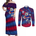 Western Bulldogs Australian Football Couples Matching Off Shoulder Maxi Dress and Long Sleeve Button Shirt Tough Bulldog Mascot Art With Indigenous Pattern Art