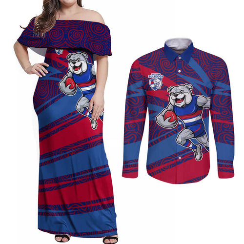 Western Bulldogs Australian Football Couples Matching Off Shoulder Maxi Dress and Long Sleeve Button Shirt Tough Bulldog Mascot Art With Indigenous Pattern Art