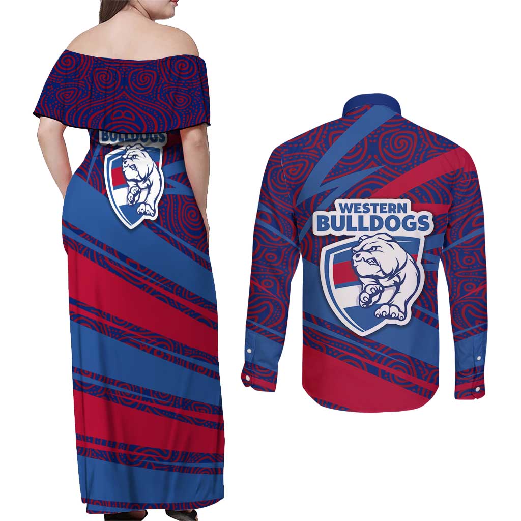 Western Bulldogs Australian Football Couples Matching Off Shoulder Maxi Dress and Long Sleeve Button Shirt Tough Bulldog Mascot Art With Indigenous Pattern Art