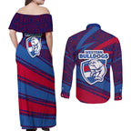 Western Bulldogs Australian Football Couples Matching Off Shoulder Maxi Dress and Long Sleeve Button Shirt Tough Bulldog Mascot Art With Indigenous Pattern Art