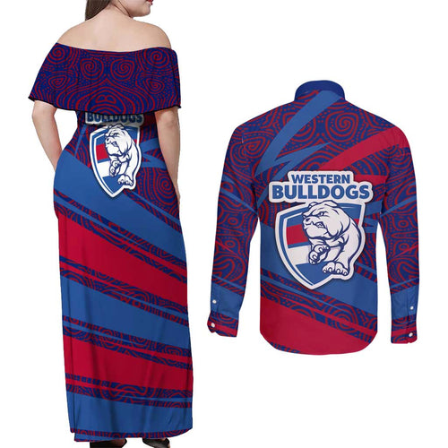 Western Bulldogs Australian Football Couples Matching Off Shoulder Maxi Dress and Long Sleeve Button Shirt Tough Bulldog Mascot Art With Indigenous Pattern Art