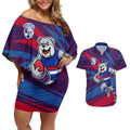 Western Bulldogs Australian Football Couples Matching Off Shoulder Short Dress and Hawaiian Shirt Tough Bulldog Mascot Art With Indigenous Pattern Art