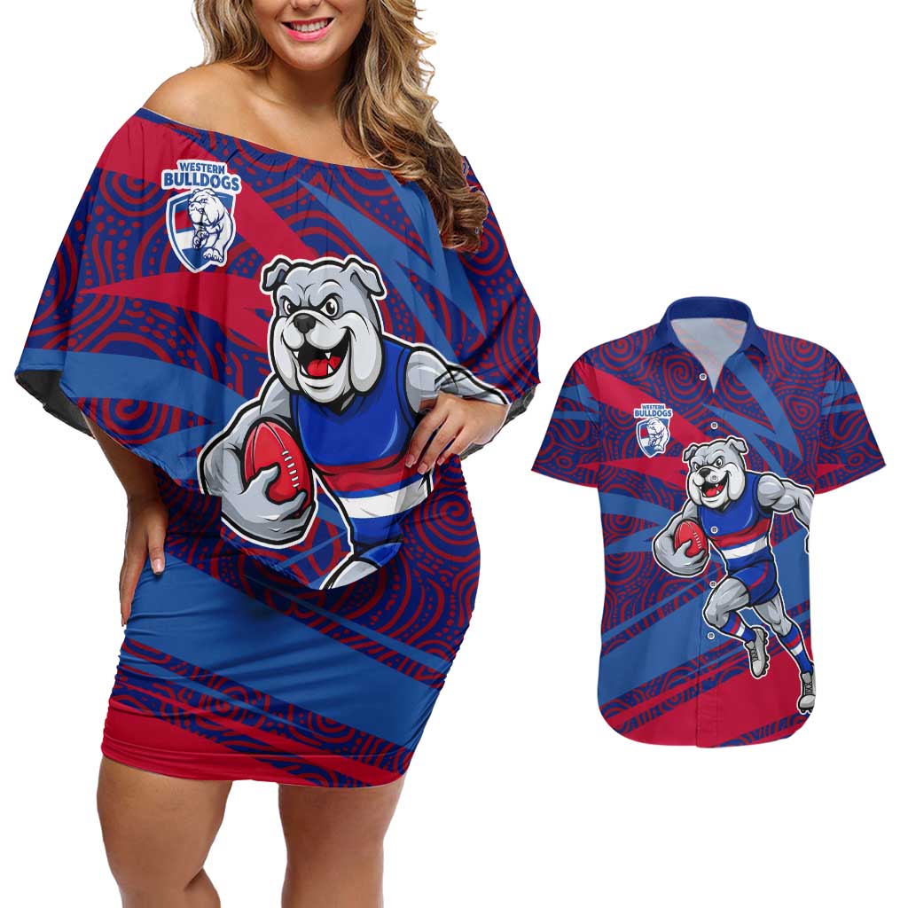 Western Bulldogs Australian Football Couples Matching Off Shoulder Short Dress and Hawaiian Shirt Tough Bulldog Mascot Art With Indigenous Pattern Art