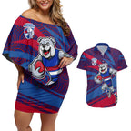 Western Bulldogs Australian Football Couples Matching Off Shoulder Short Dress and Hawaiian Shirt Tough Bulldog Mascot Art With Indigenous Pattern Art