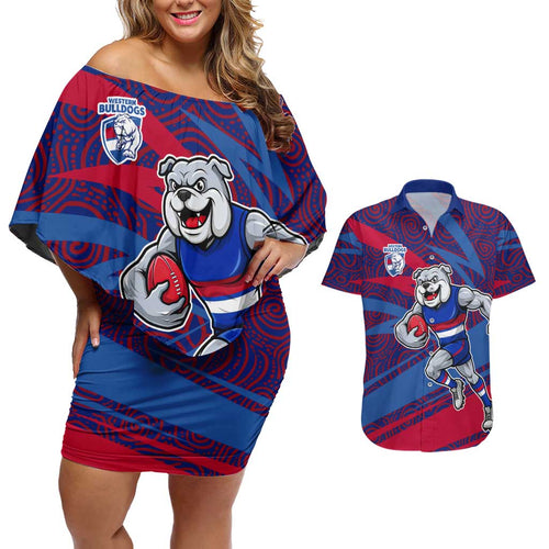 Western Bulldogs Australian Football Couples Matching Off Shoulder Short Dress and Hawaiian Shirt Tough Bulldog Mascot Art With Indigenous Pattern Art