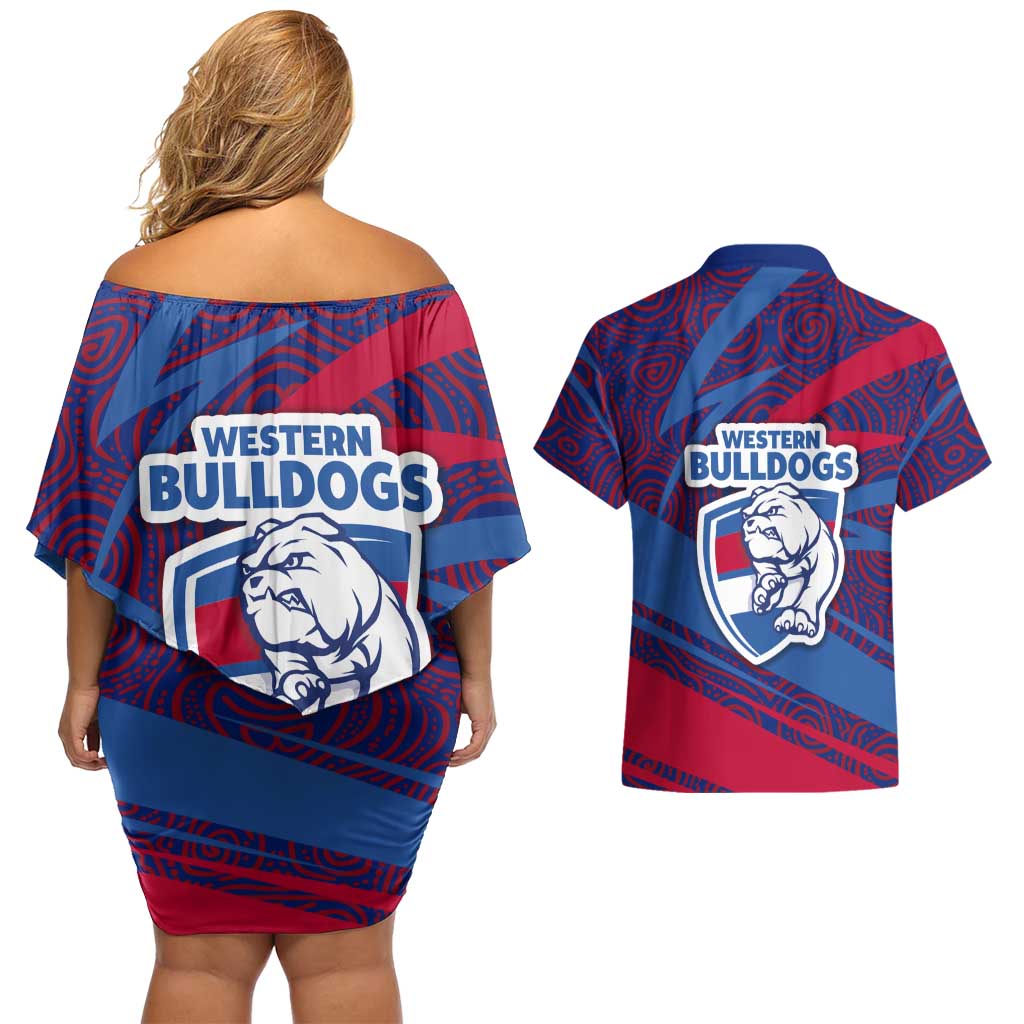Western Bulldogs Australian Football Couples Matching Off Shoulder Short Dress and Hawaiian Shirt Tough Bulldog Mascot Art With Indigenous Pattern Art