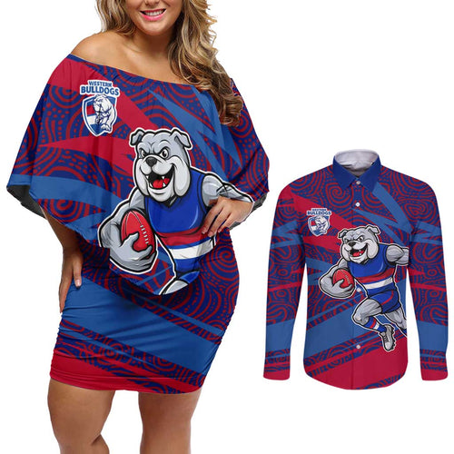Western Bulldogs Australian Football Couples Matching Off Shoulder Short Dress and Long Sleeve Button Shirt Tough Bulldog Mascot Art With Indigenous Pattern Art
