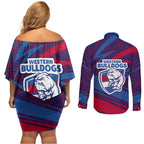 Western Bulldogs Australian Football Couples Matching Off Shoulder Short Dress and Long Sleeve Button Shirt Tough Bulldog Mascot Art With Indigenous Pattern Art