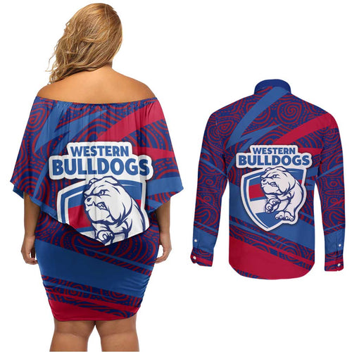 Western Bulldogs Australian Football Couples Matching Off Shoulder Short Dress and Long Sleeve Button Shirt Tough Bulldog Mascot Art With Indigenous Pattern Art