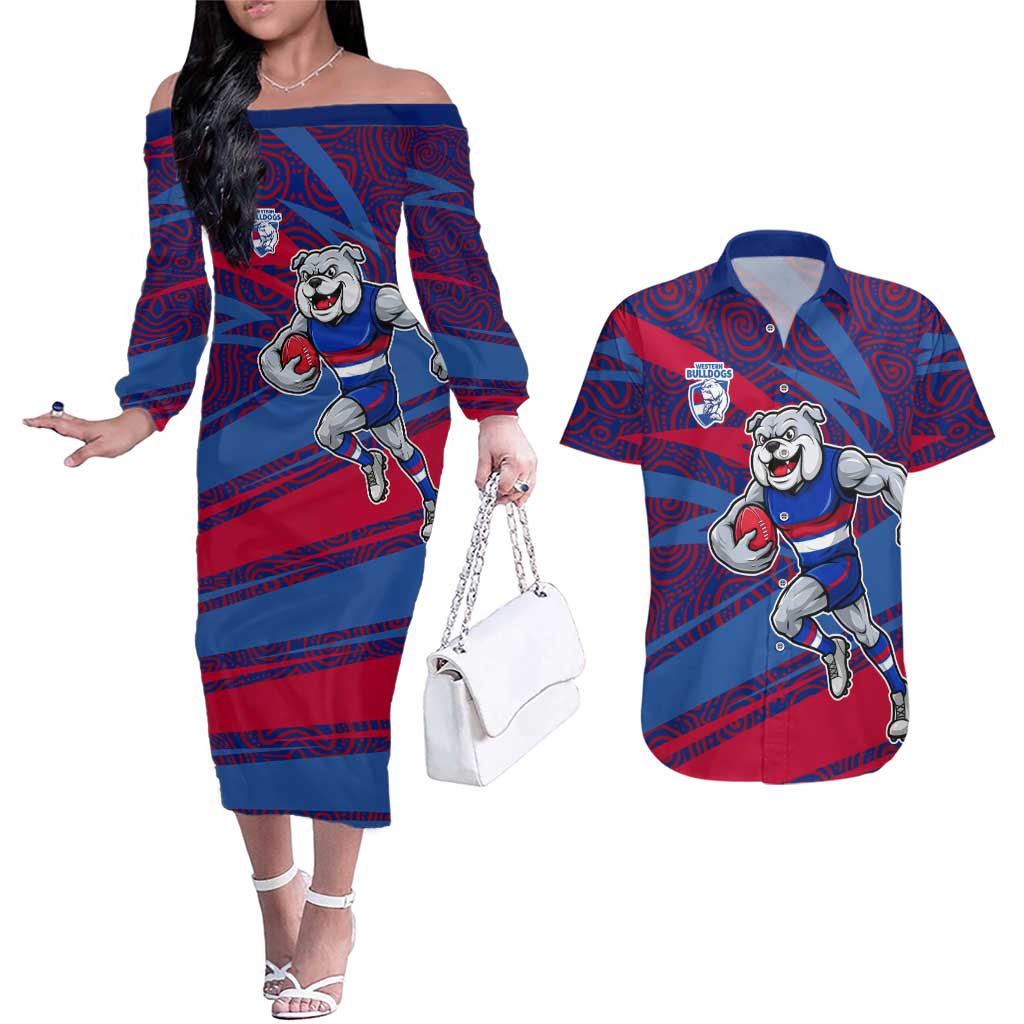 Western Bulldogs Australian Football Couples Matching Off The Shoulder Long Sleeve Dress and Hawaiian Shirt Tough Bulldog Mascot Art With Indigenous Pattern Art